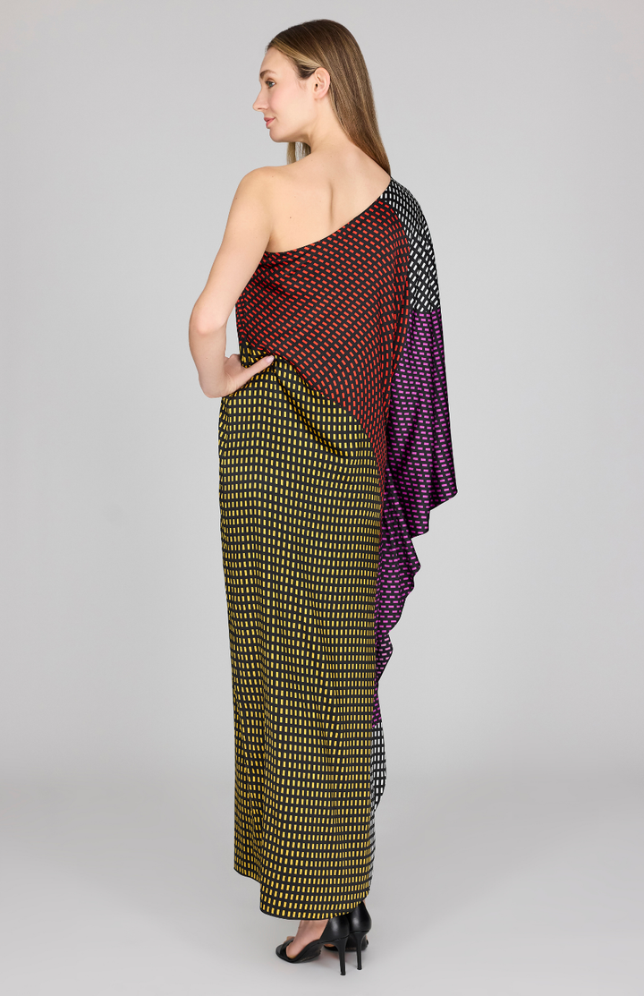 Stitch Print Silk One Shoulder Cascade Gown