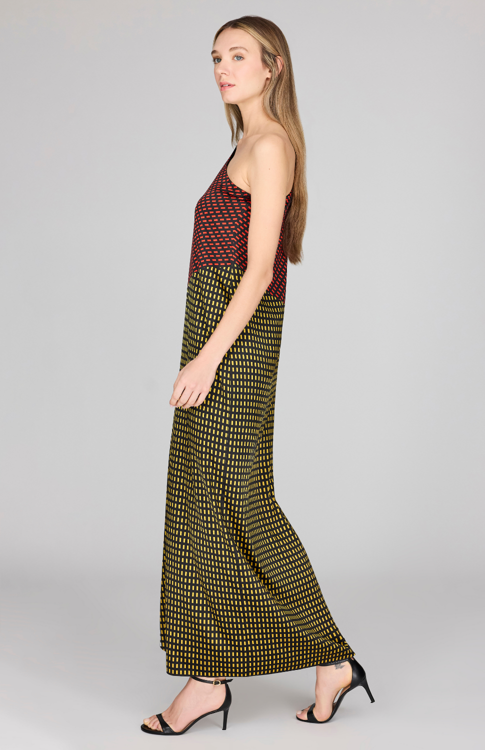 Stitch Print Silk One Shoulder Cascade Gown