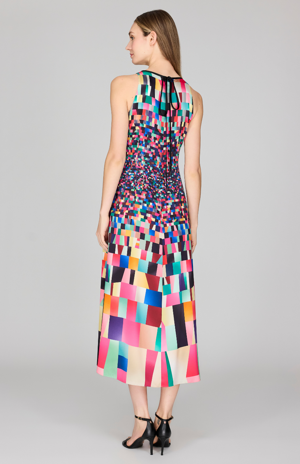 Bojagi Print Silk Tea Length Sleeveless Dress