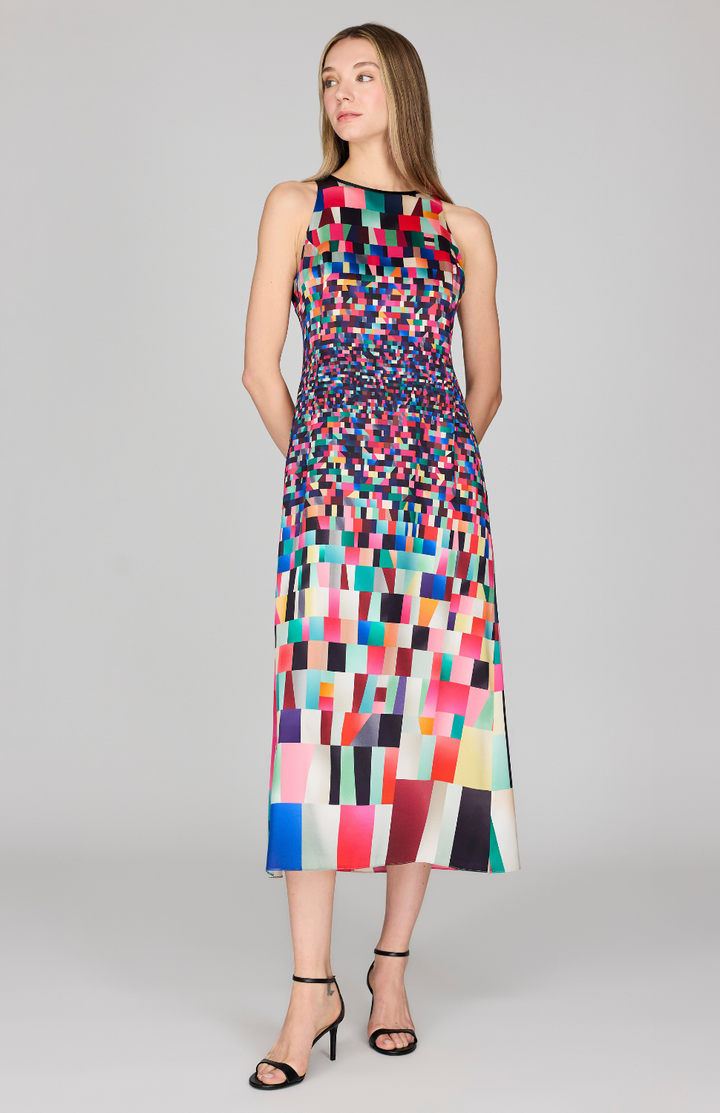 Bojagi Print Silk Tea Length Sleeveless Dress