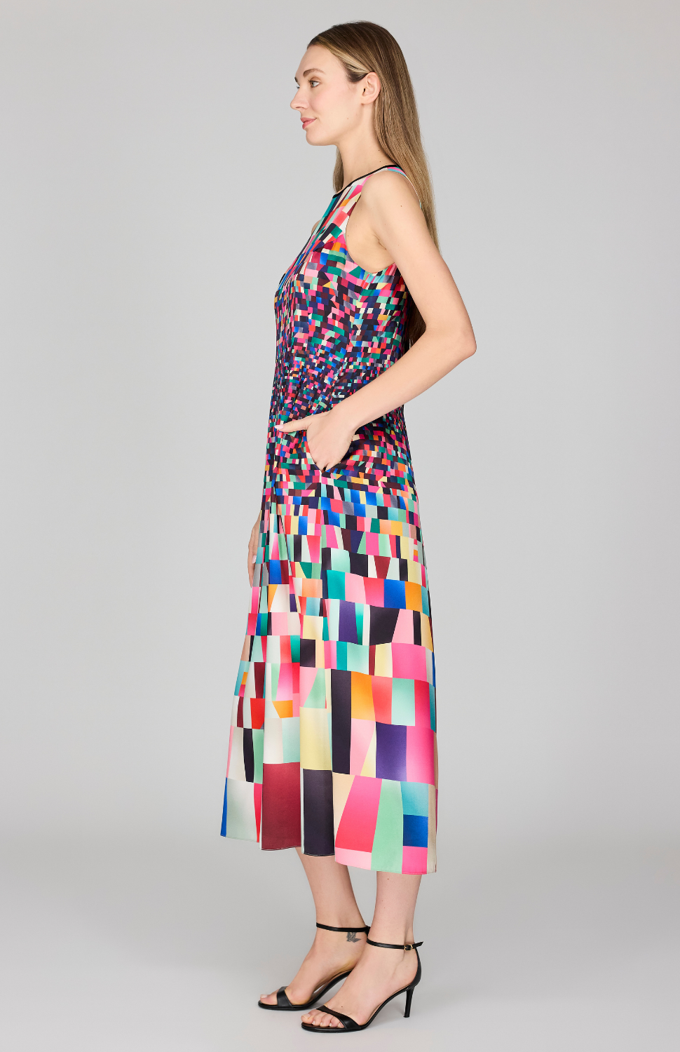 Bojagi Print Silk Tea Length Sleeveless Dress