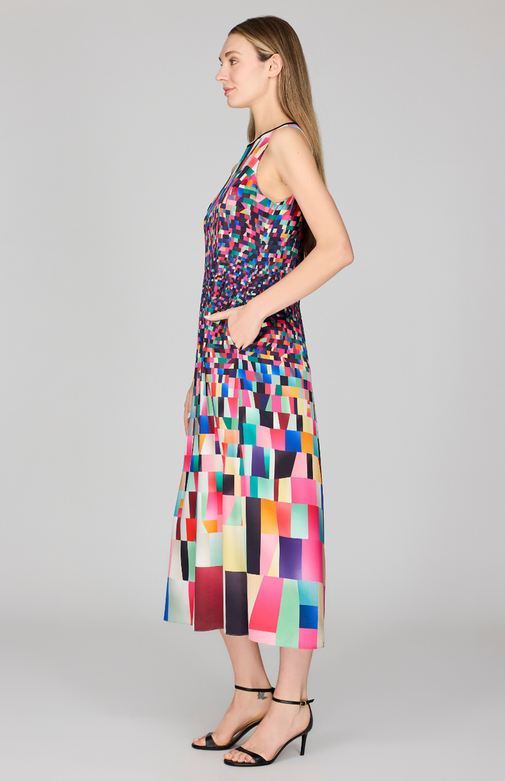 Bojagi Print Silk Tea Length Sleeveless Dress