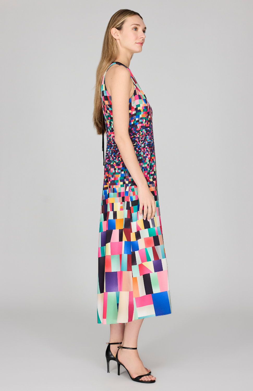 Bojagi Print Silk Tea Length Sleeveless Dress