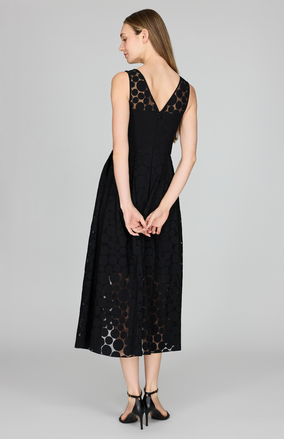 Sheer Dot Fit &amp; Flare Dress w/ High Low Overlay