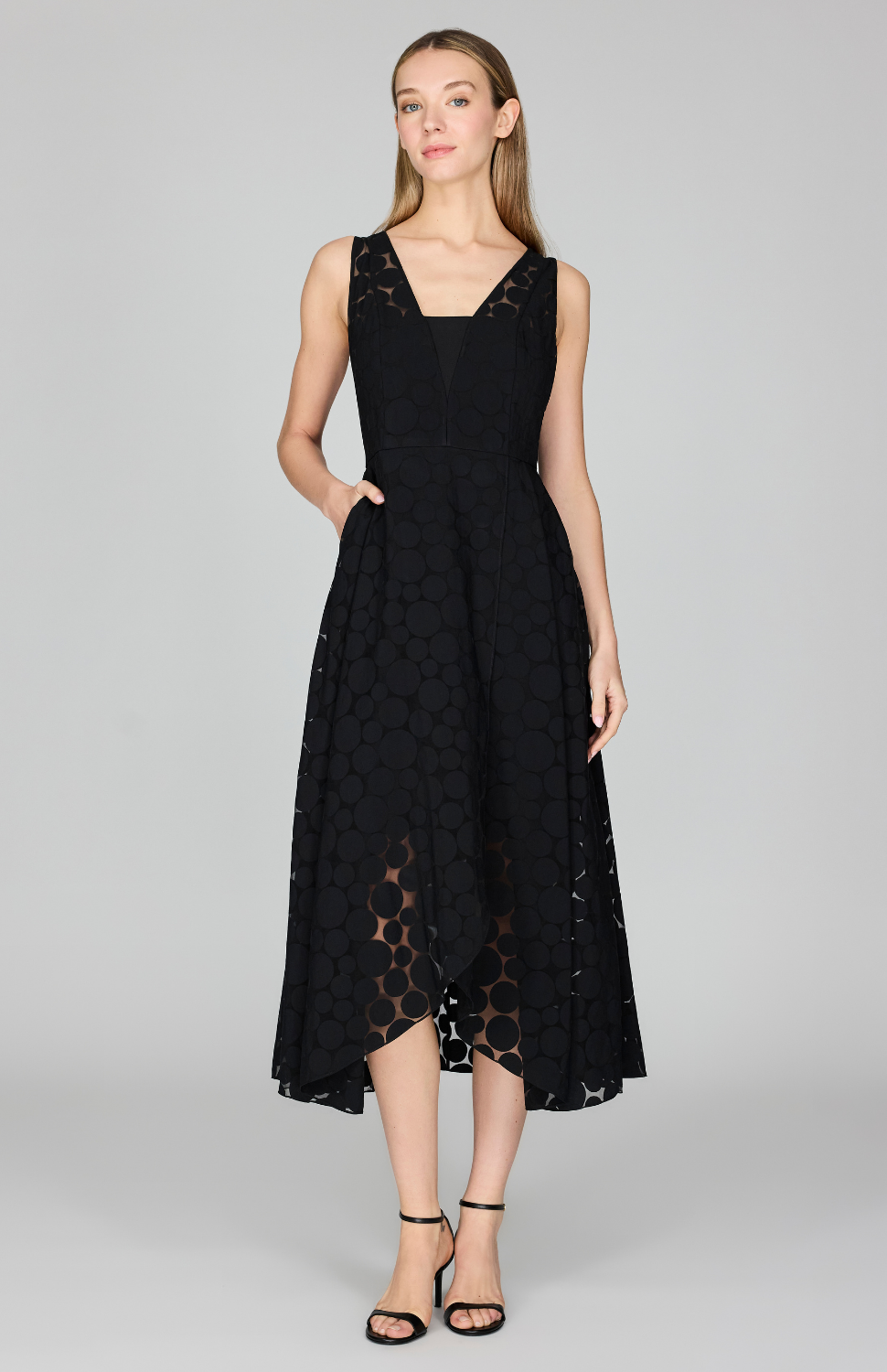 sheer dress overlay Sheer Dot Fit & Flare Dress w/ High Low Overlay – Mi Jong Lee