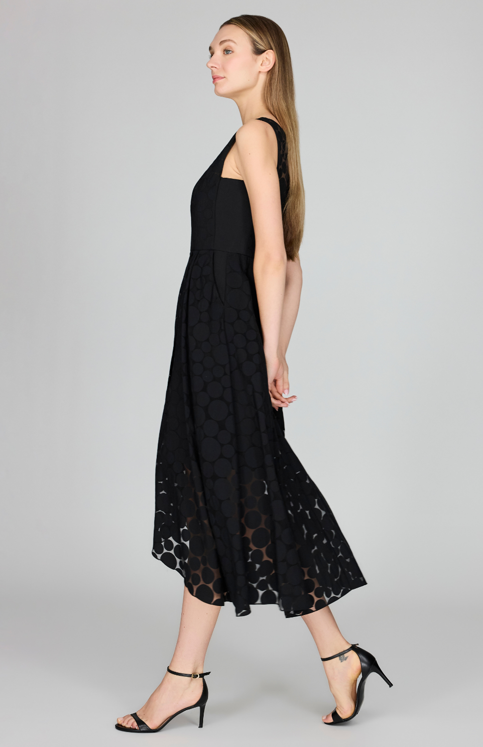 Sheer Dot Fit &amp; Flare Dress w/ High Low Overlay