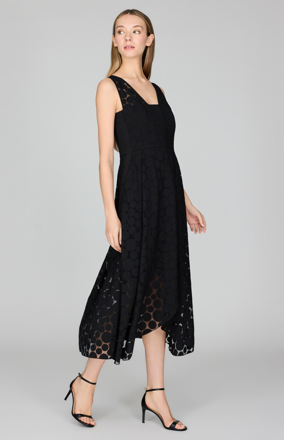 Sheer Dot Fit &amp; Flare Dress w/ High Low Overlay