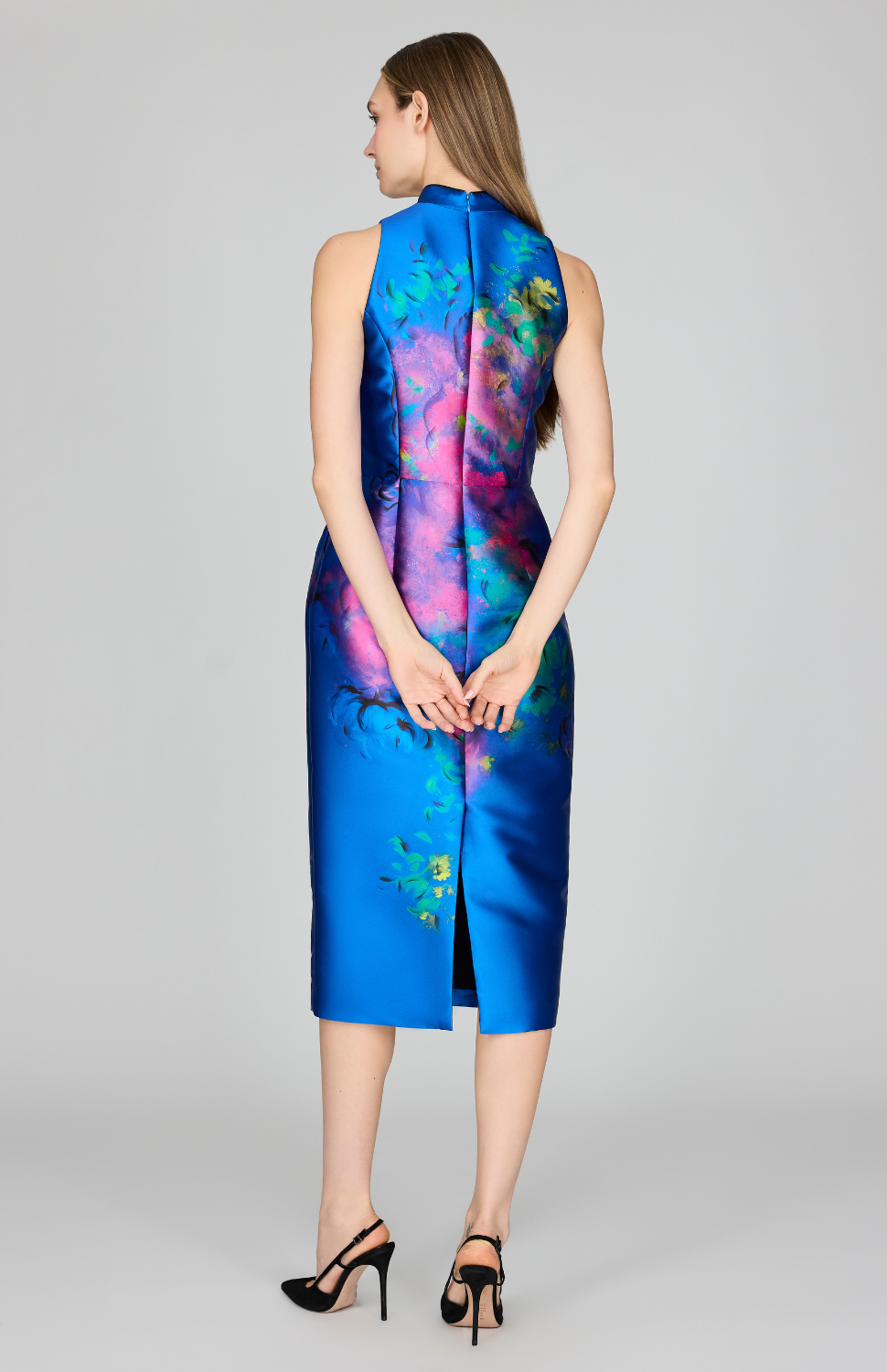 Abstract Flora Print Mikado High Neck Fitted Dress