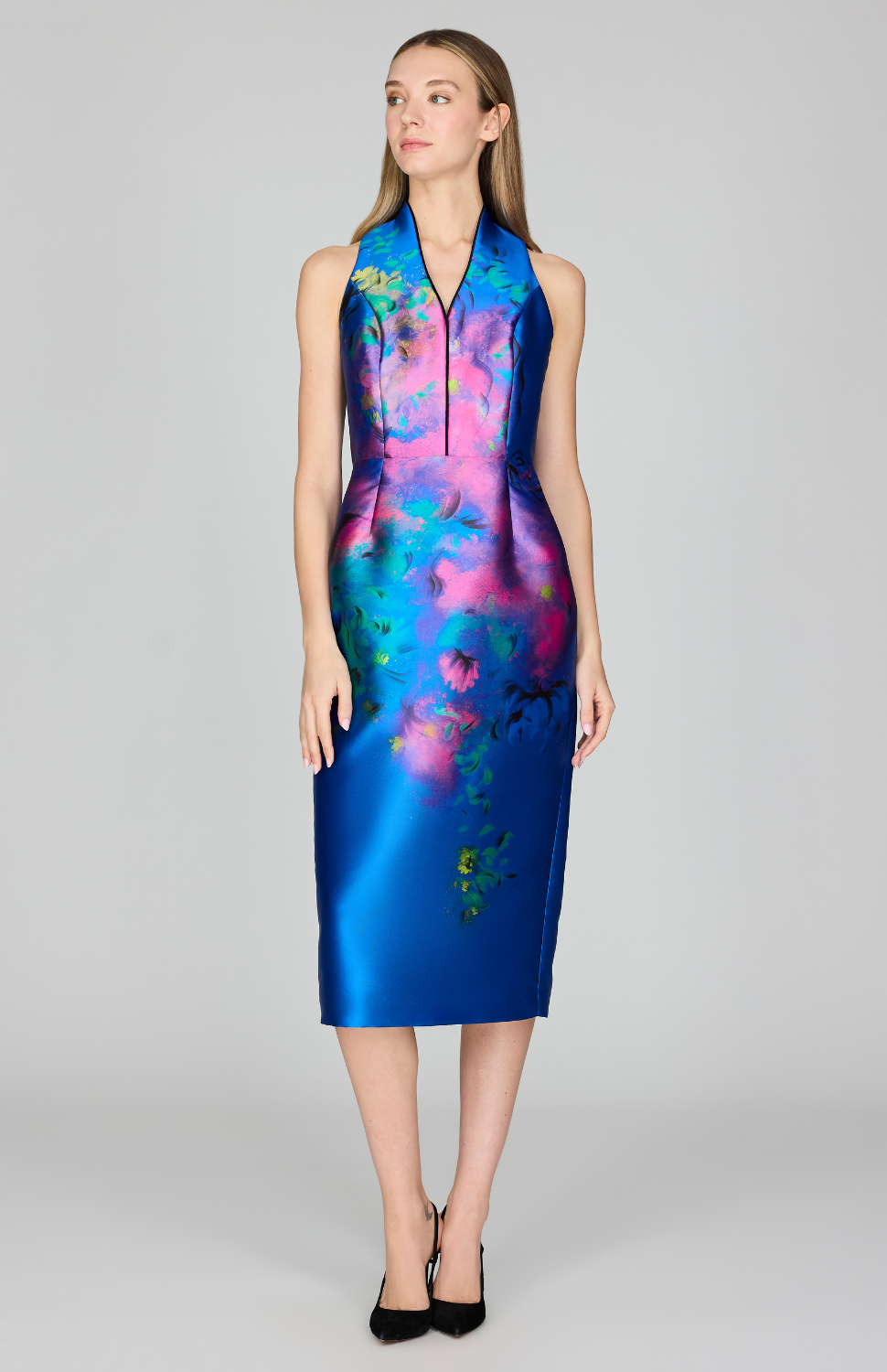 Abstract Flora Print Mikado High Neck Fitted Dress Mi Jong Lee Abstract Flora Print Mikado High Neck Fitted Dress Mi Jong Lee