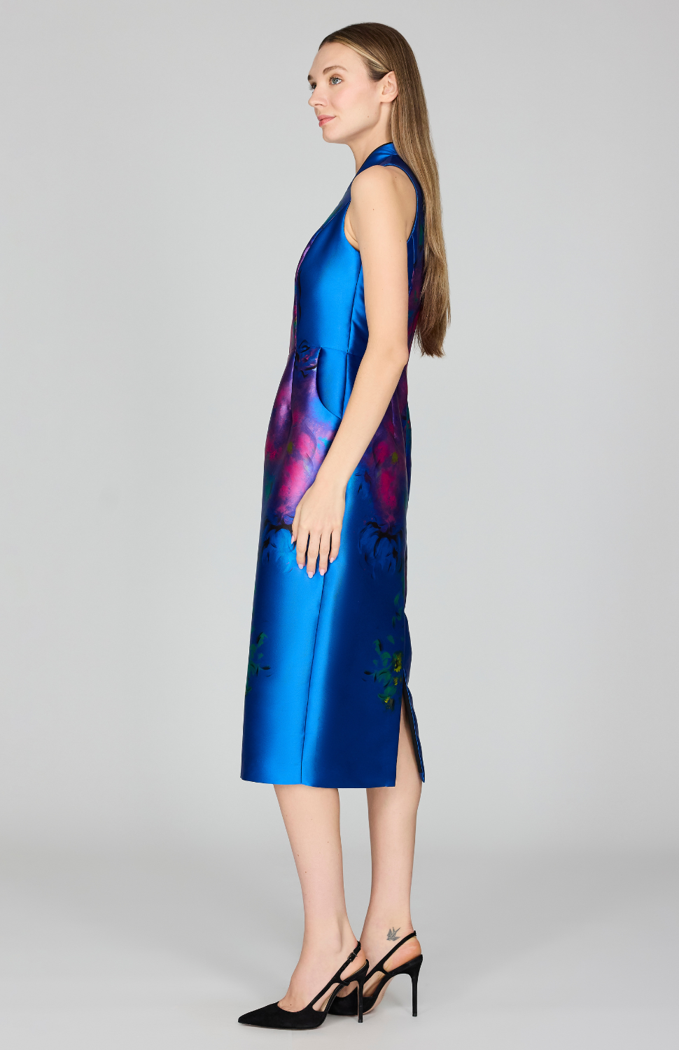 Abstract Flora Print Mikado High Neck Fitted Dress