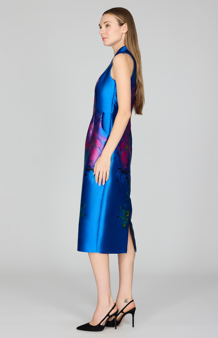 Abstract Flora Print Mikado High Neck Fitted Dress
