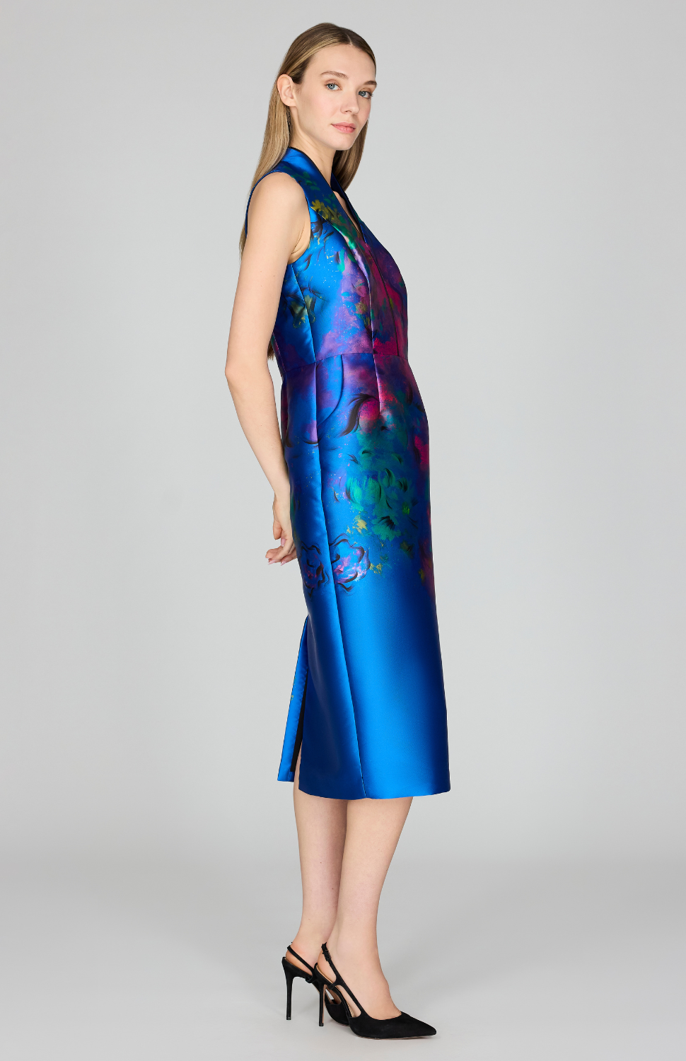 Abstract Flora Print Mikado High Neck Fitted Dress