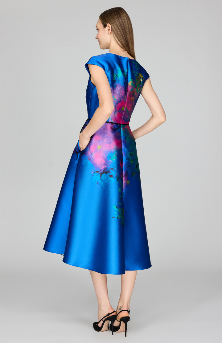 Abstract Flora Print Mikado Cap Sleeve Fit &amp; Flare Dress