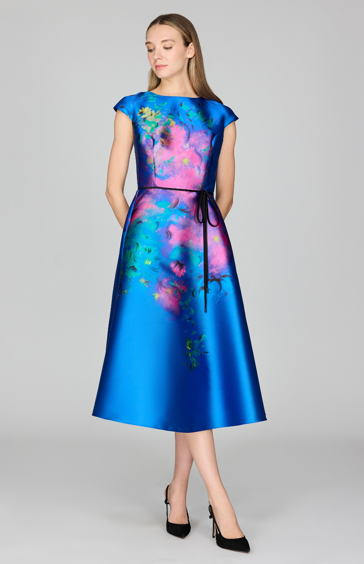 Abstract Flora Print Mikado Cap Sleeve Fit &amp; Flare Dress