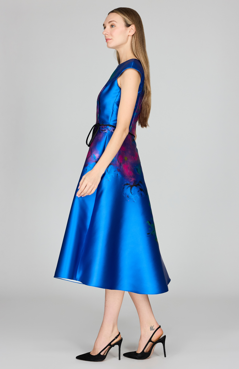 Abstract Flora Print Mikado Cap Sleeve Fit &amp; Flare Dress