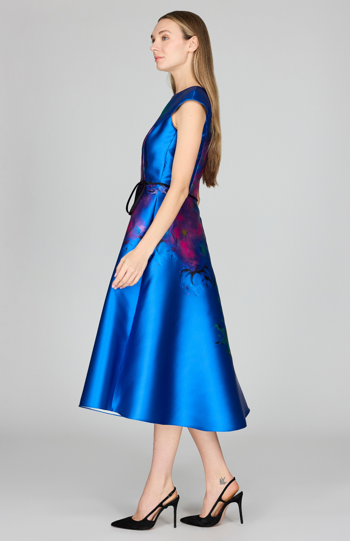 Abstract Flora Print Mikado Cap Sleeve Fit &amp; Flare Dress