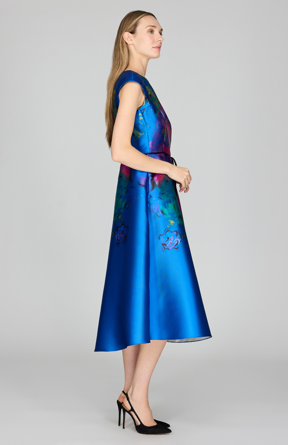 Abstract Flora Print Mikado Cap Sleeve Fit &amp; Flare Dress