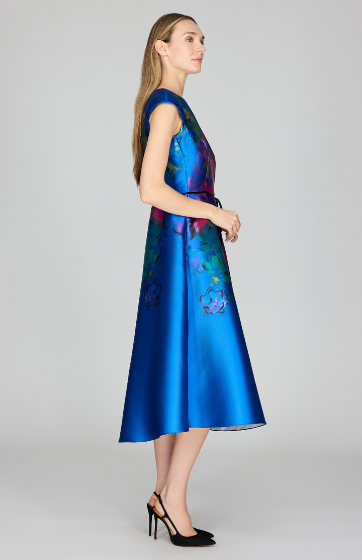 Abstract Flora Print Mikado Cap Sleeve Fit &amp; Flare Dress