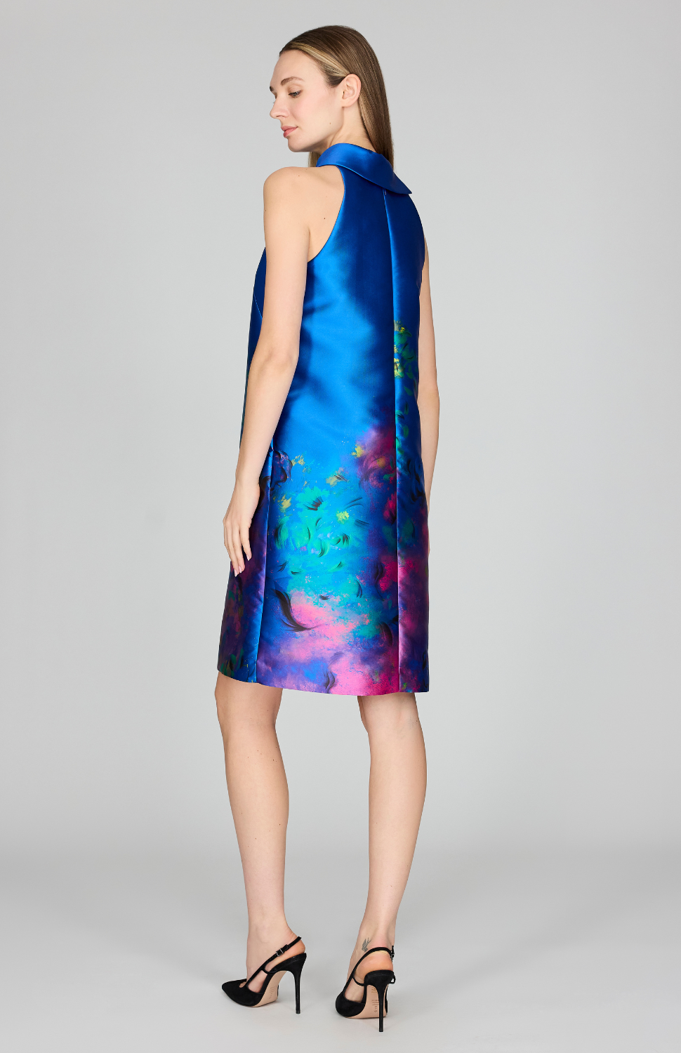 Abstract Flora Print Mikado Sleeveless Shift Dress w/ Oversized Collar