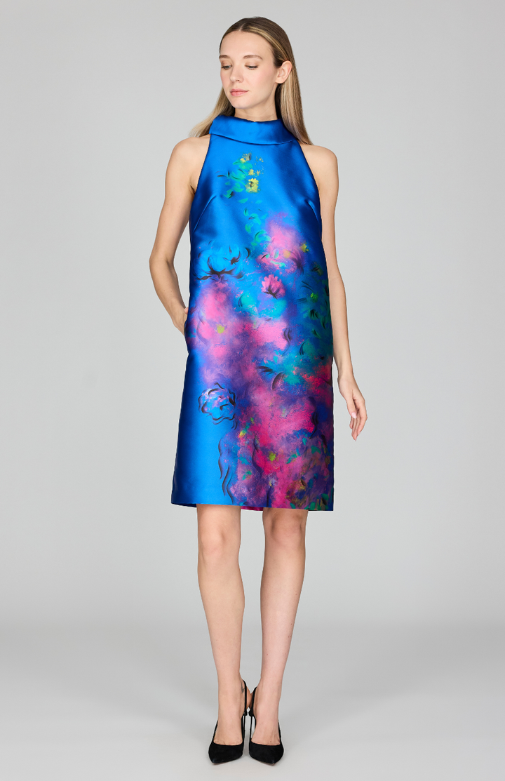 Abstract Flora Print Mikado Sleeveless Shift Dress w/ Oversized Collar