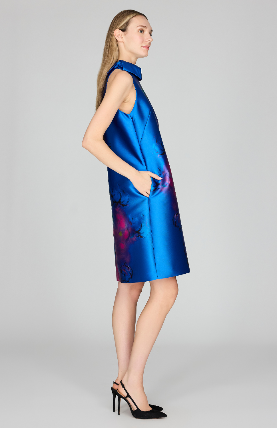 Abstract Flora Print Mikado Sleeveless Shift Dress w/ Oversized Collar