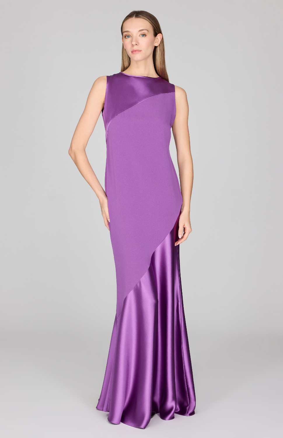 Satin Sleeveless Gown w/ Bias Flared Skirt