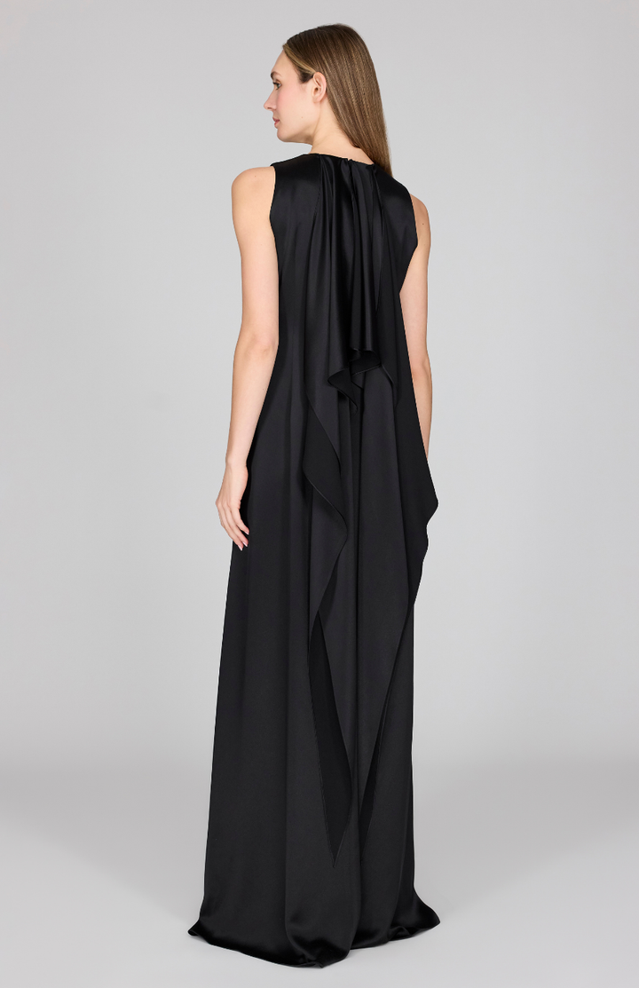 Satin Sleeveless Gown w/ V Neck & Back Cascade