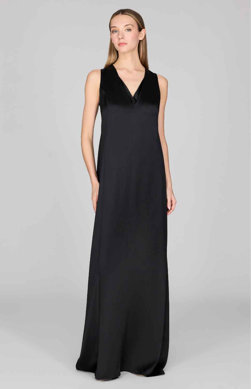 Satin Sleeveless Gown w/ V Neck & Back Cascade