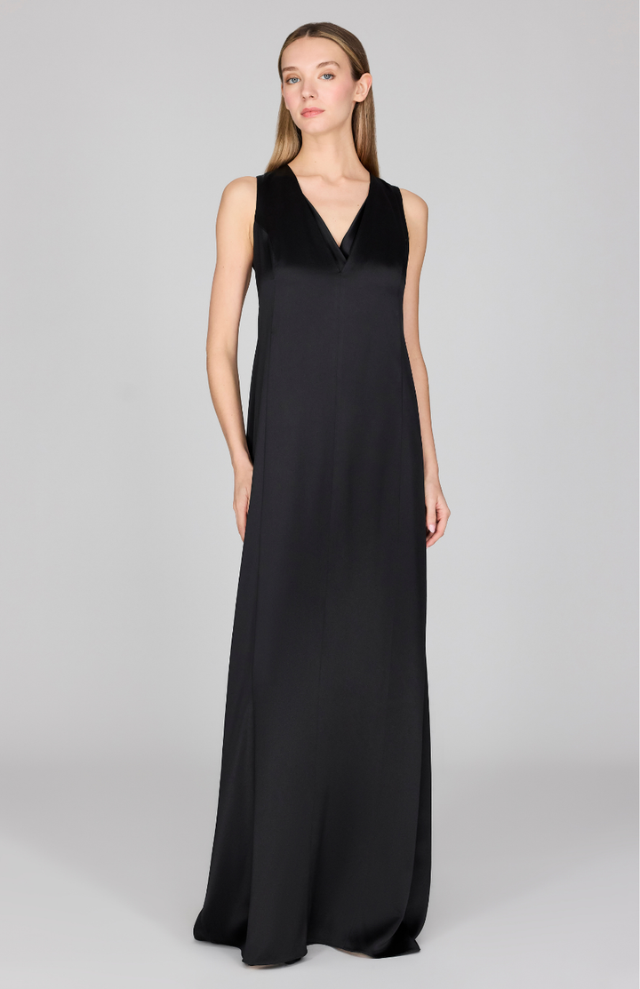 Satin Sleeveless Gown w/ V Neck & Back Cascade