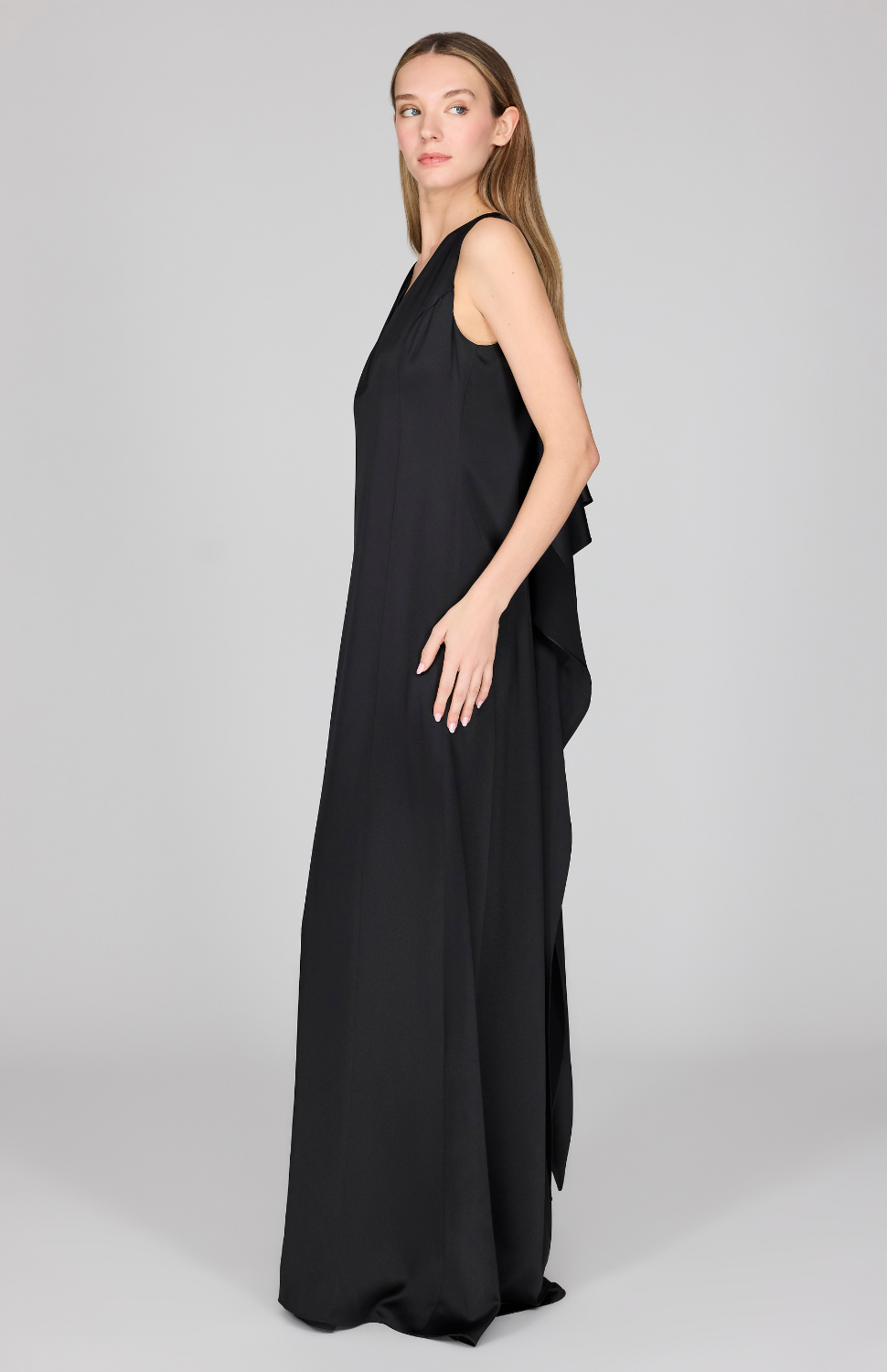 Satin Sleeveless Gown w/ V Neck & Back Cascade