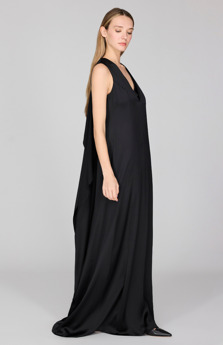 Satin Sleeveless Gown w/ V Neck & Back Cascade