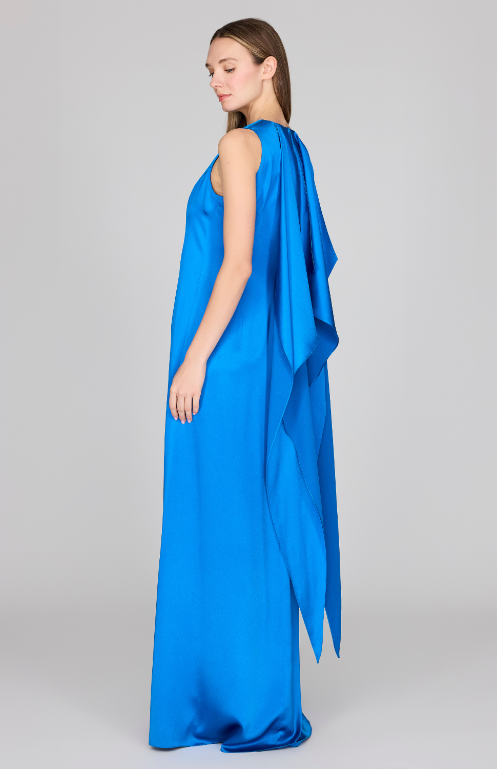 Satin Sleeveless Gown w/ V Neck & Back Cascade