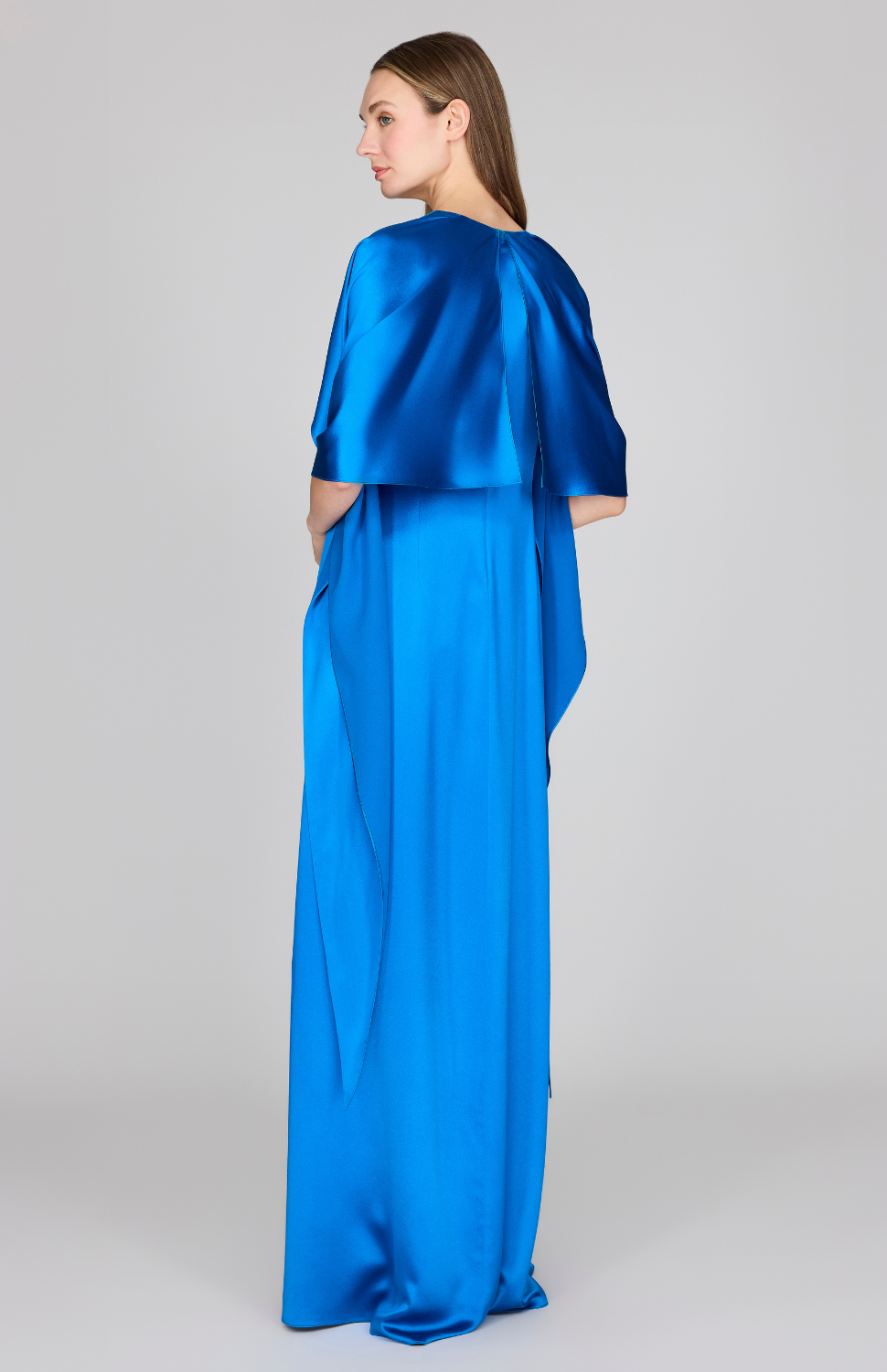 Satin Sleeveless Gown w/ V Neck & Back Cascade