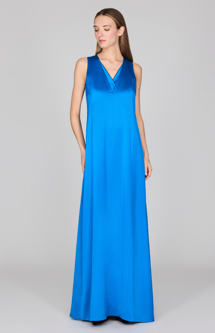 Satin Sleeveless Gown w/ V Neck & Back Cascade
