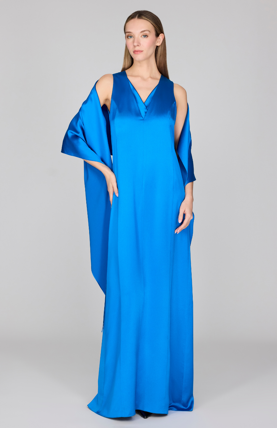 Satin Sleeveless Gown w/ V Neck & Back Cascade