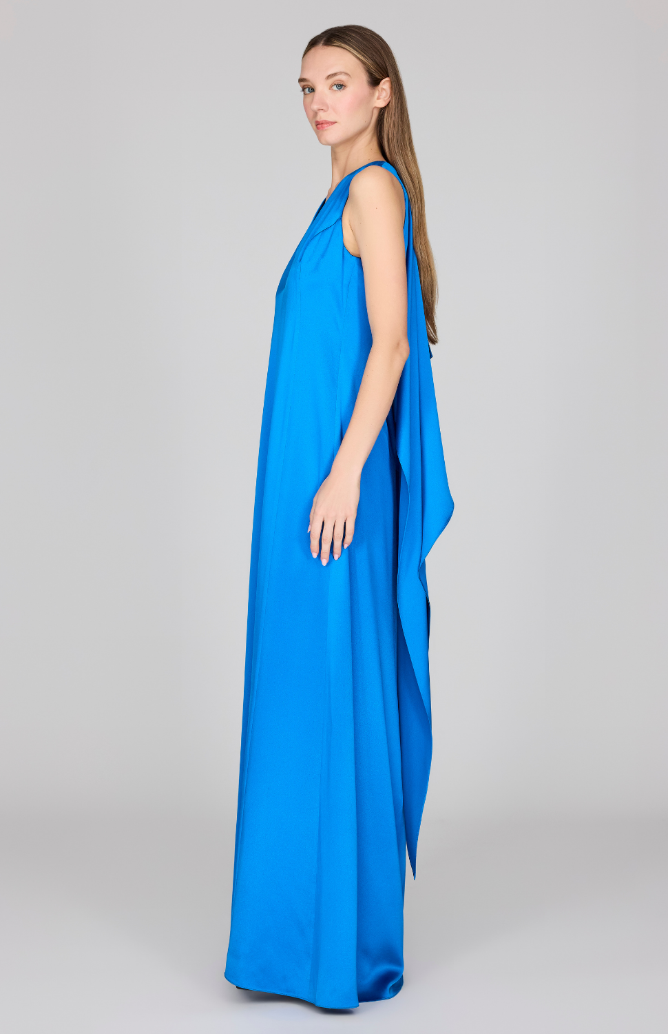 Satin Sleeveless Gown w/ V Neck & Back Cascade