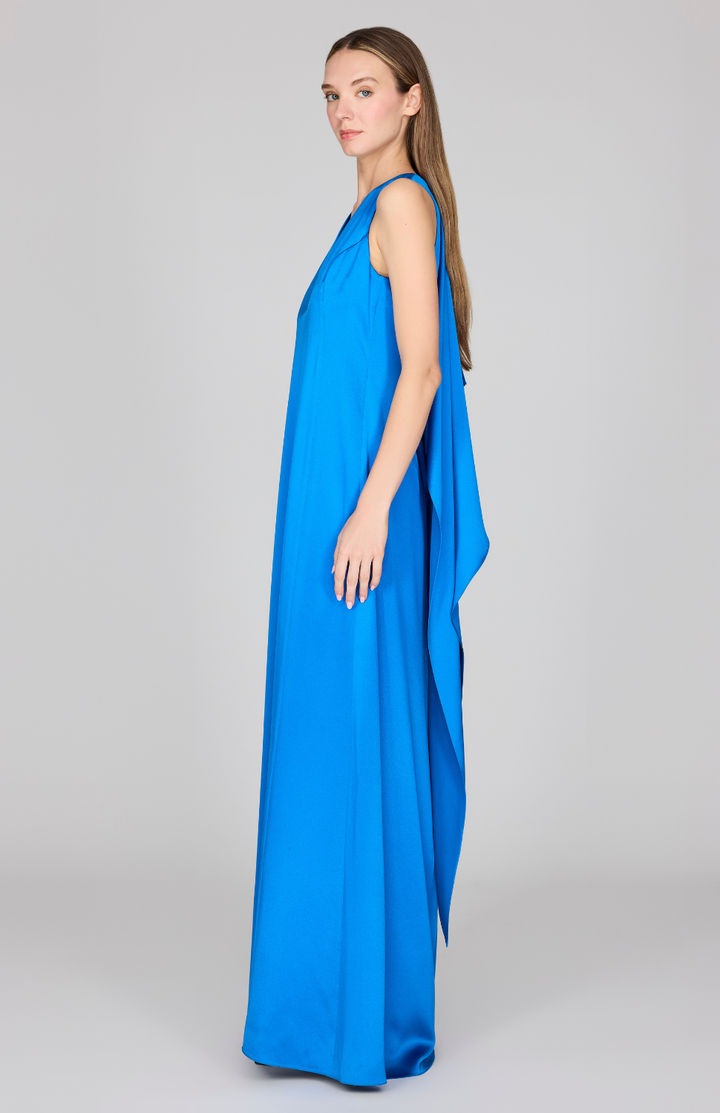 Satin Sleeveless Gown w/ V Neck & Back Cascade