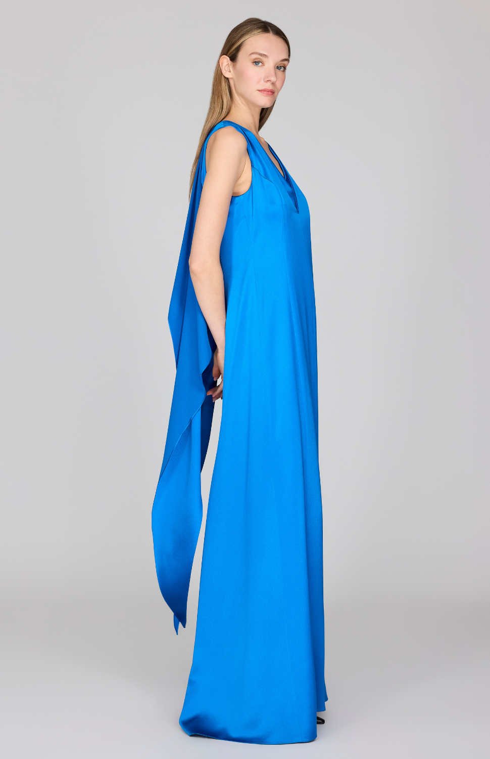 Satin Sleeveless Gown w/ V Neck & Back Cascade