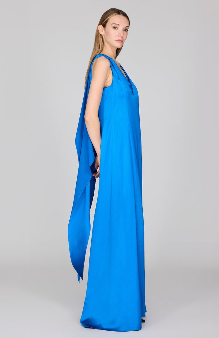 Satin Sleeveless Gown w/ V Neck & Back Cascade