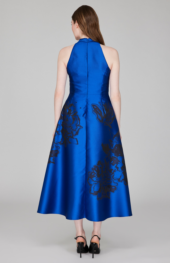 Calligraphic Flora Jacquard High Neck Fit &amp; Flare Dress w/ Satin V inset