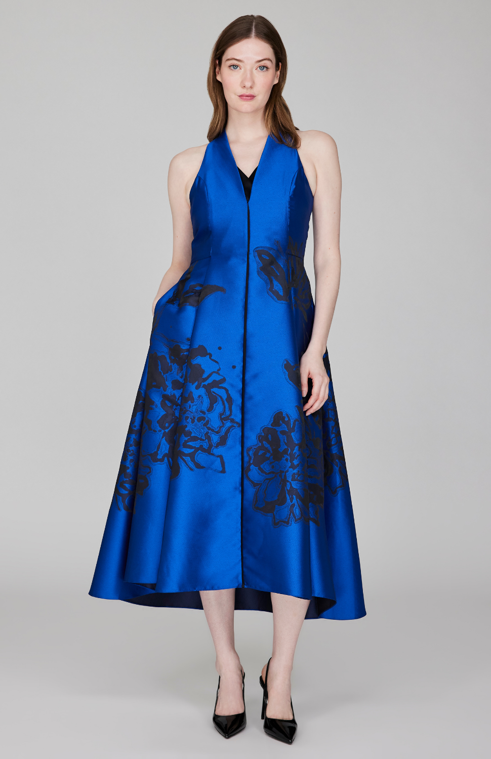 Calligraphic Flora Jacquard High Neck Fit &amp; Flare Dress w/ Satin V inset