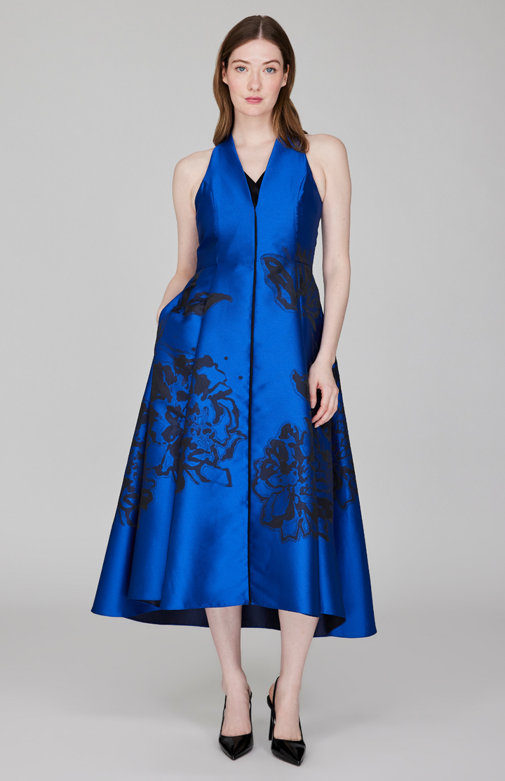 Calligraphic Flora Jacquard High Neck Fit &amp; Flare Dress w/ Satin V inset