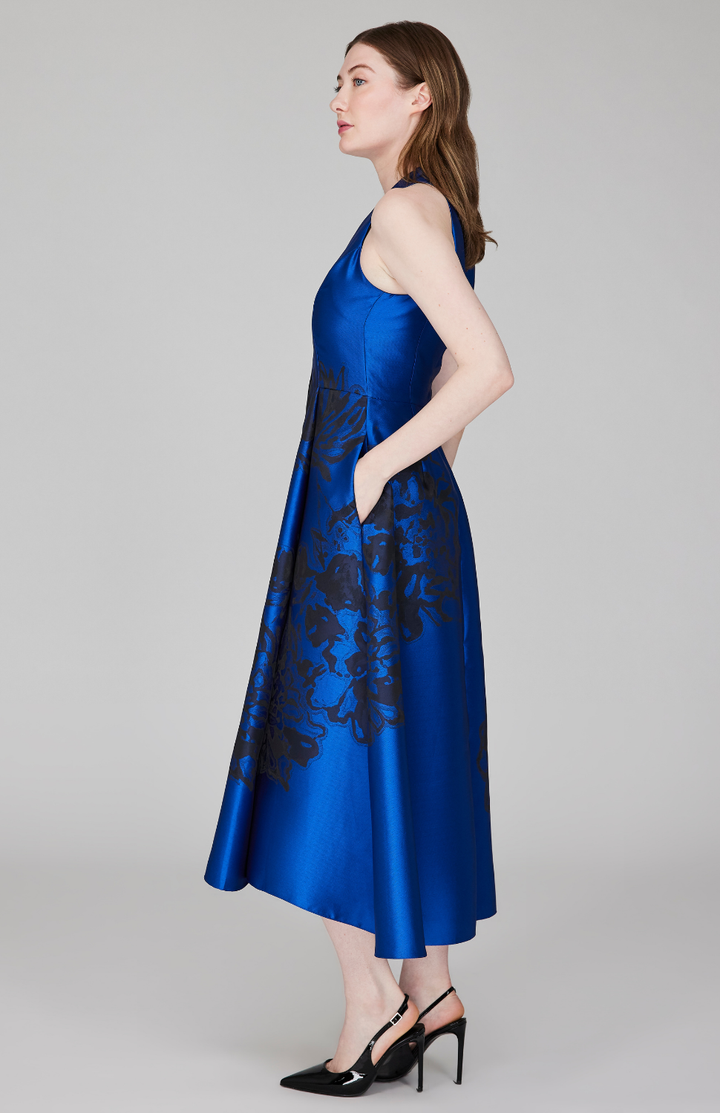 Calligraphic Flora Jacquard High Neck Fit &amp; Flare Dress w/ Satin V inset