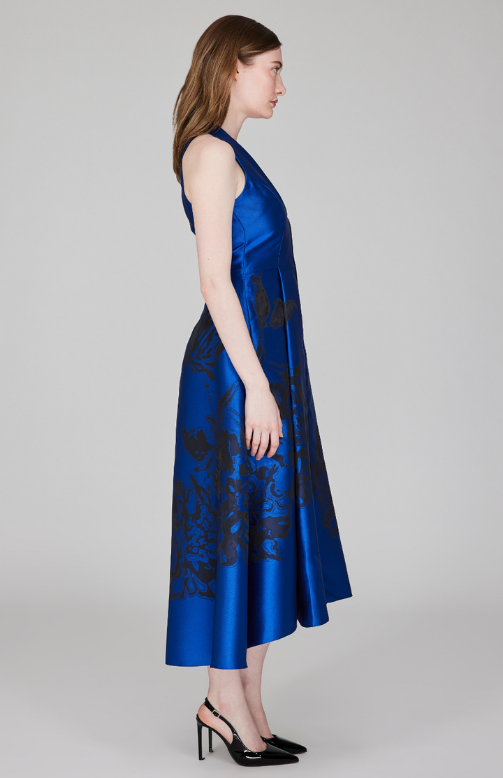 Calligraphic Flora Jacquard High Neck Fit &amp; Flare Dress w/ Satin V inset