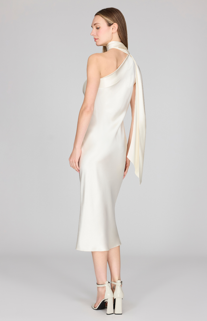 Satin One Shoulder Bias Dress w/ Scarf