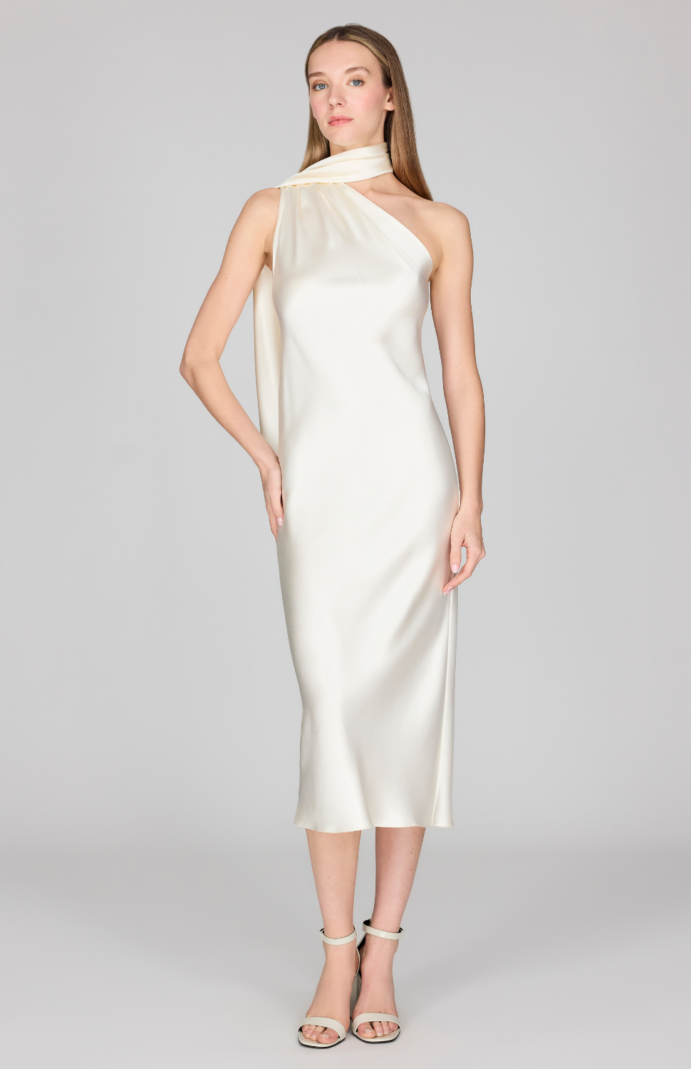 Satin One Shoulder Bias Dress w/ Scarf