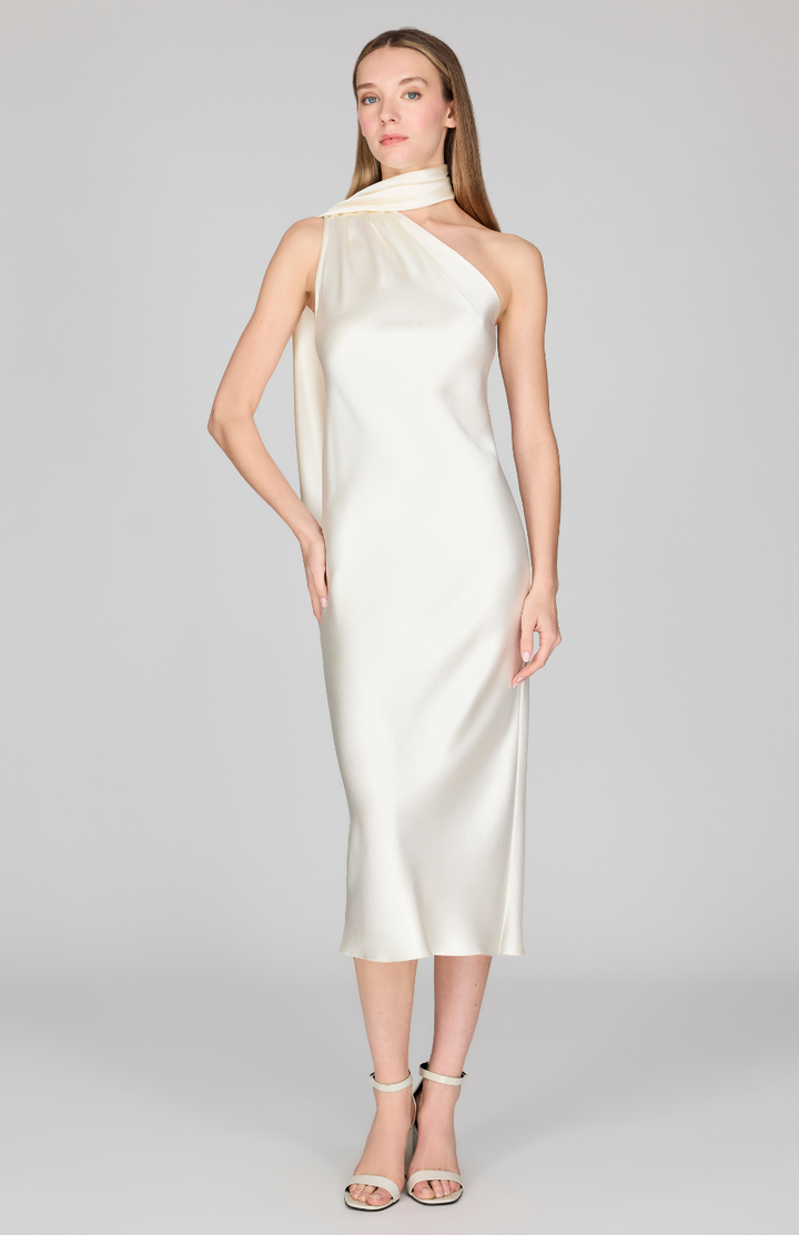 Satin One Shoulder Bias Dress w/ Scarf