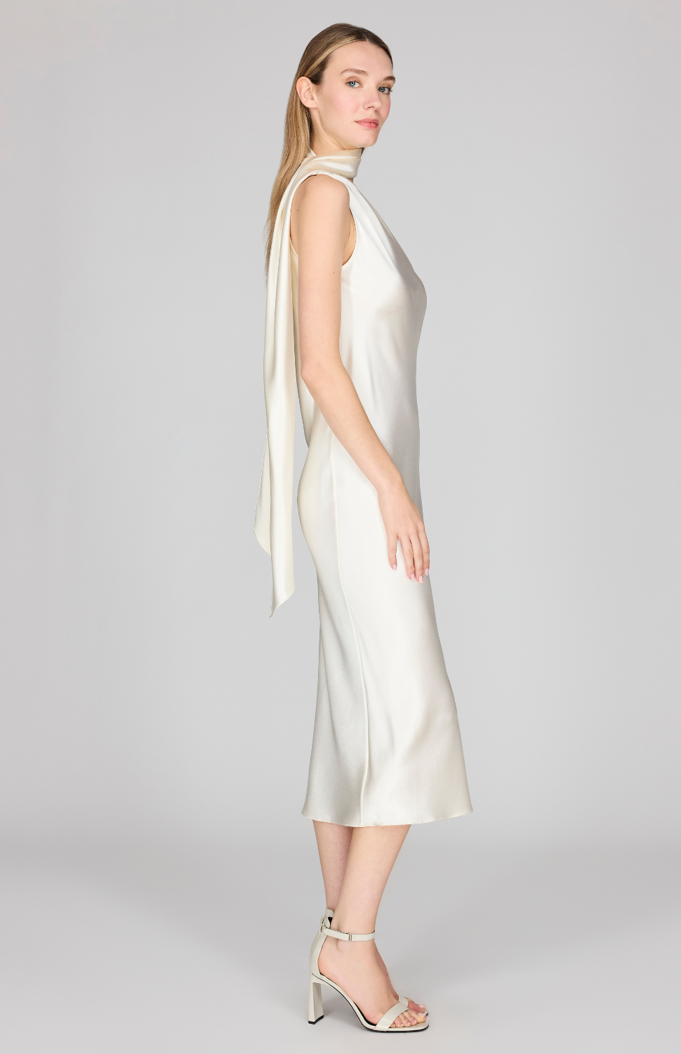 Satin One Shoulder Bias Dress w/ Scarf