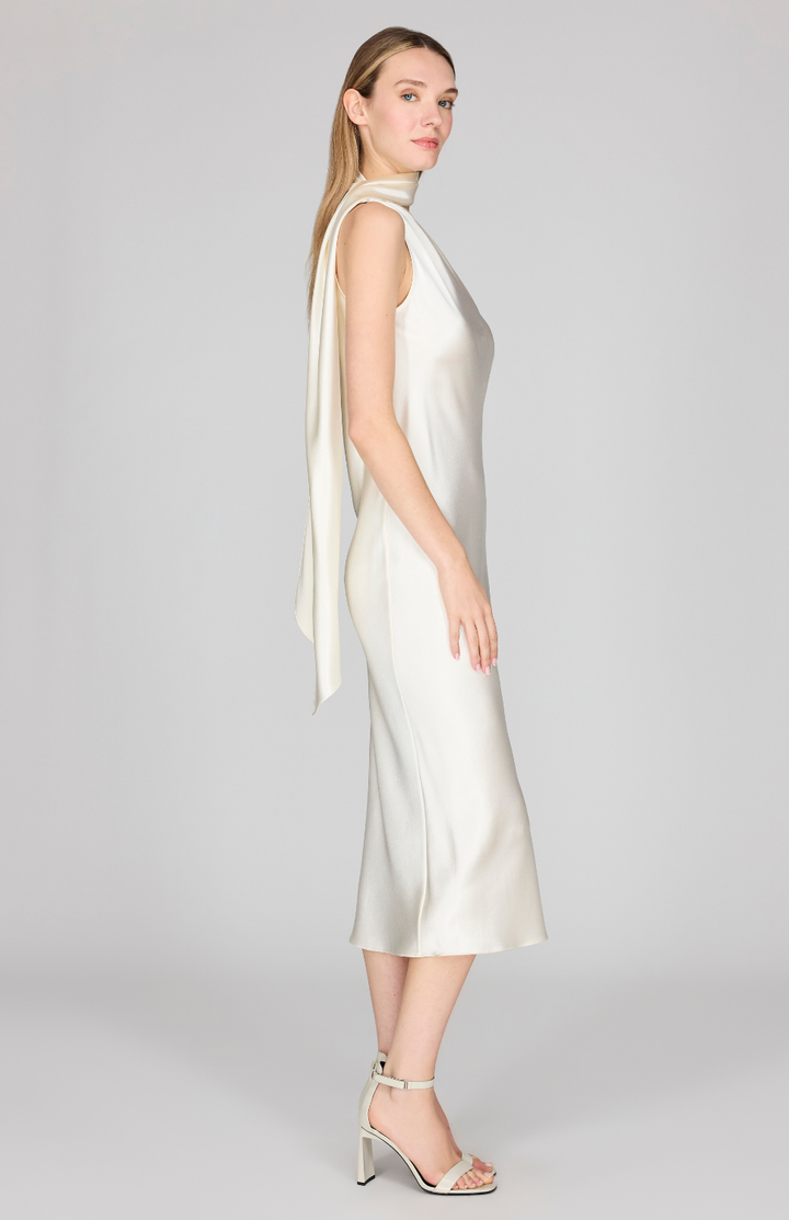 Satin One Shoulder Bias Dress w/ Scarf