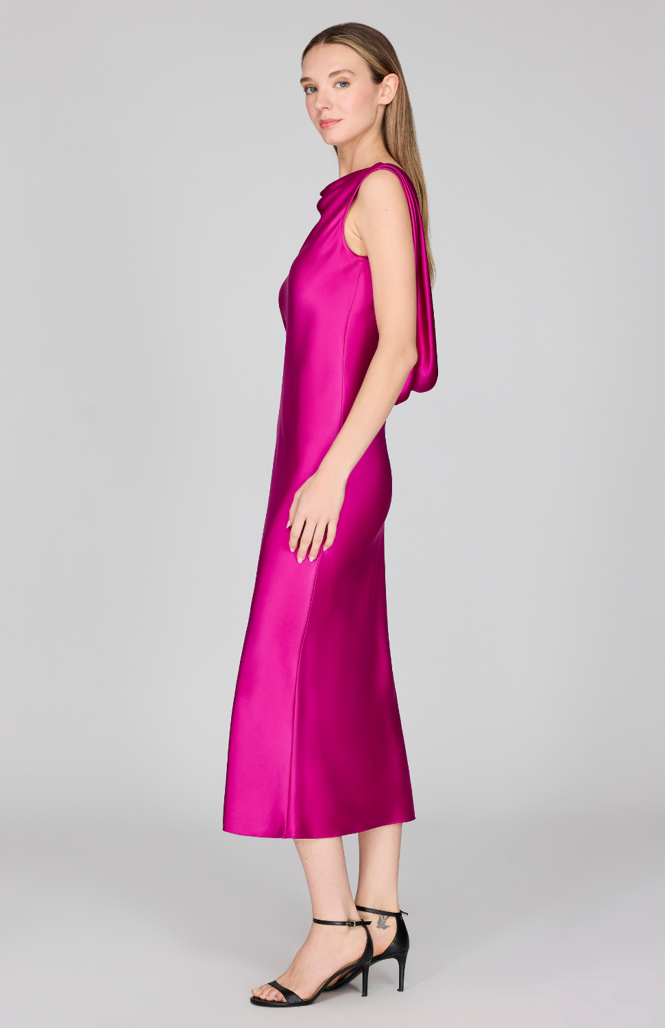 Satin Drape Back Bias Dress